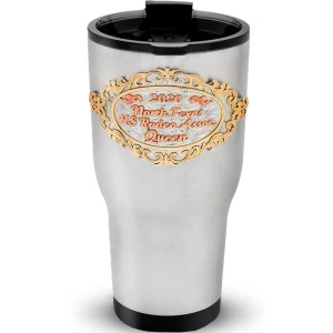 A custom tumbler made of stainless steel with a personalized engraved copper lettering, 30 oz, ideal for coffee or cool drinks